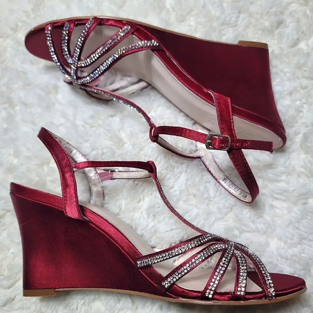 David's Bridal Red Metallic Crystal T-Strap Wedge Heels